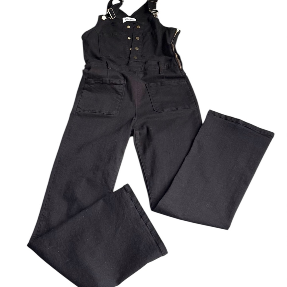 FRAME Women’s Black Denim Overalls Jumpsuit Cotton Sz S Gold Side Zip Buttons